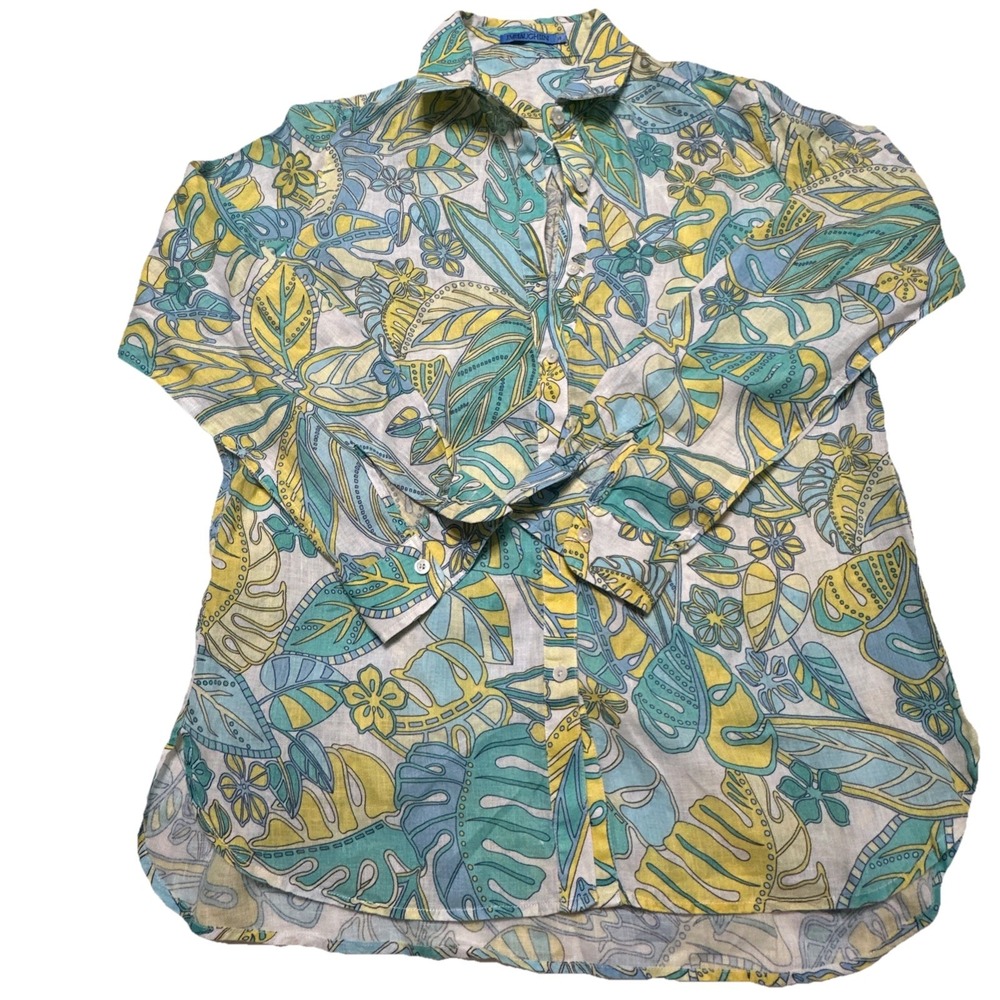 J McLaughlin XS Linen Shirt Aqua Yellow Tropical Print Button Up